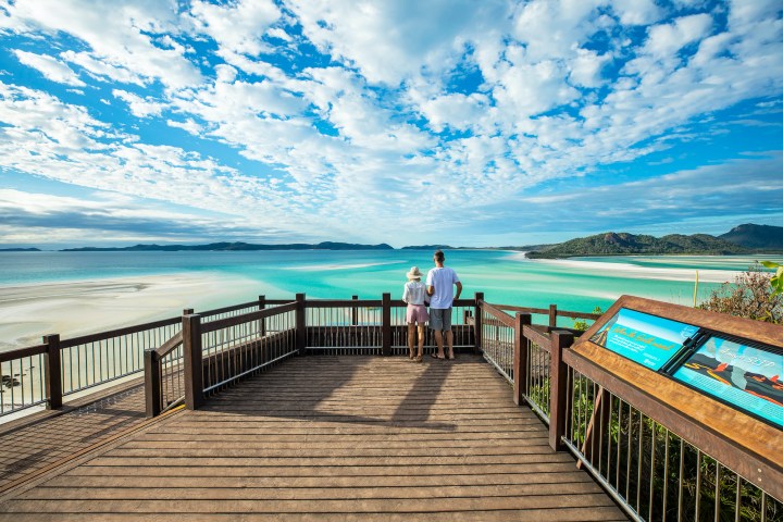 View from Hill Inlet Lookout over Whitehaven Beach with Lady Enid Sailing
