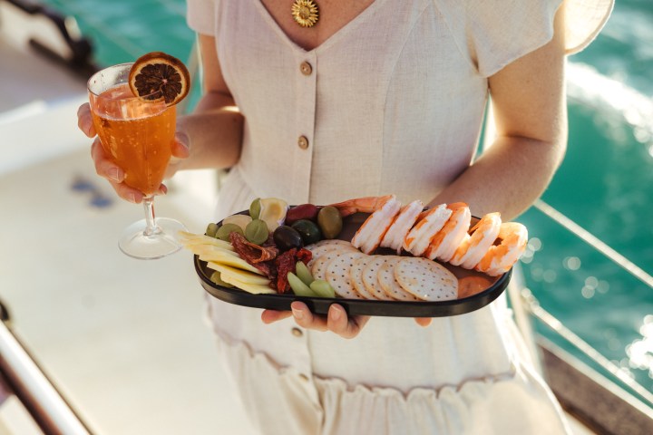Lady Enid Sunset Sail offers a platter with prawns and antipasto per couple. Airlie Beach Whitsundays