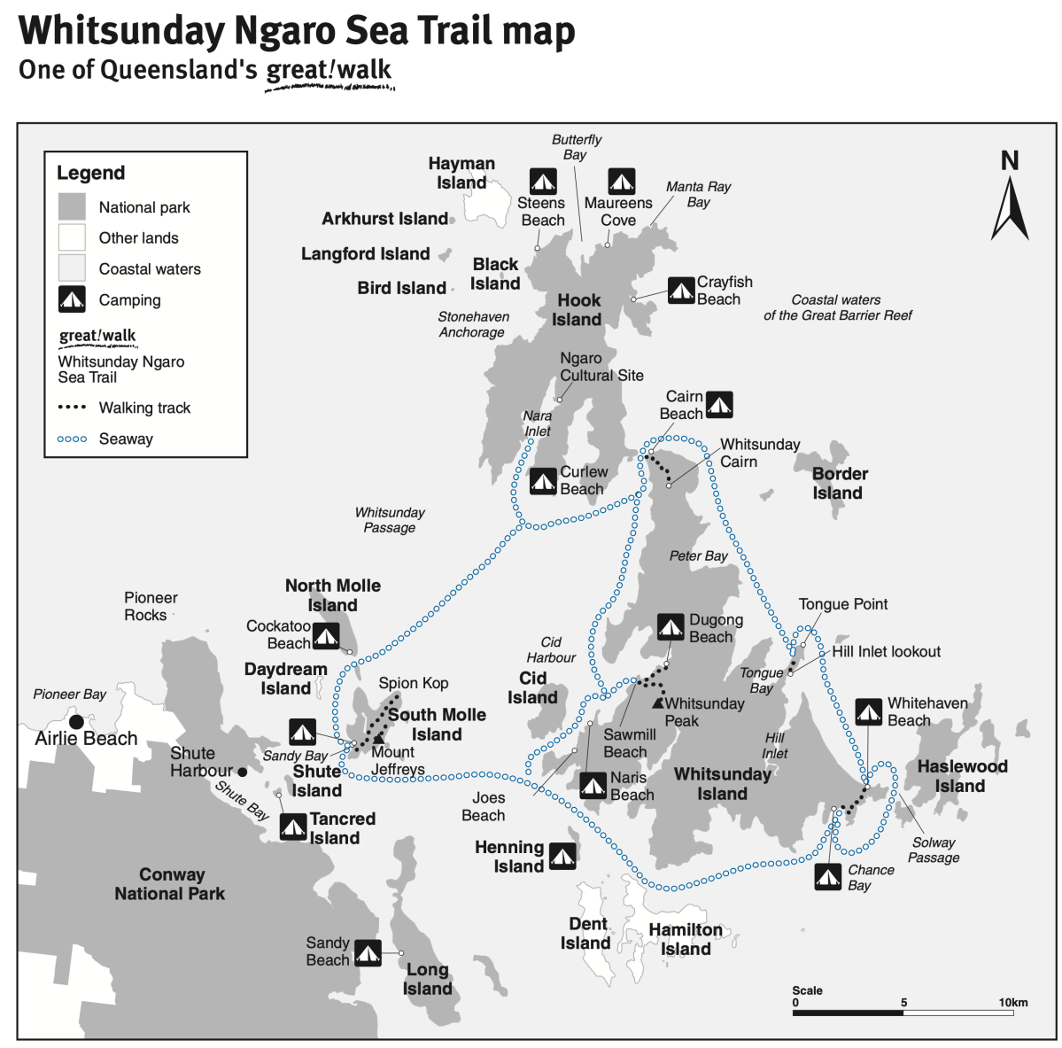 Map of Whitsunday Ngaro Sea Trail with islands, beaches, camping, and trails marked.