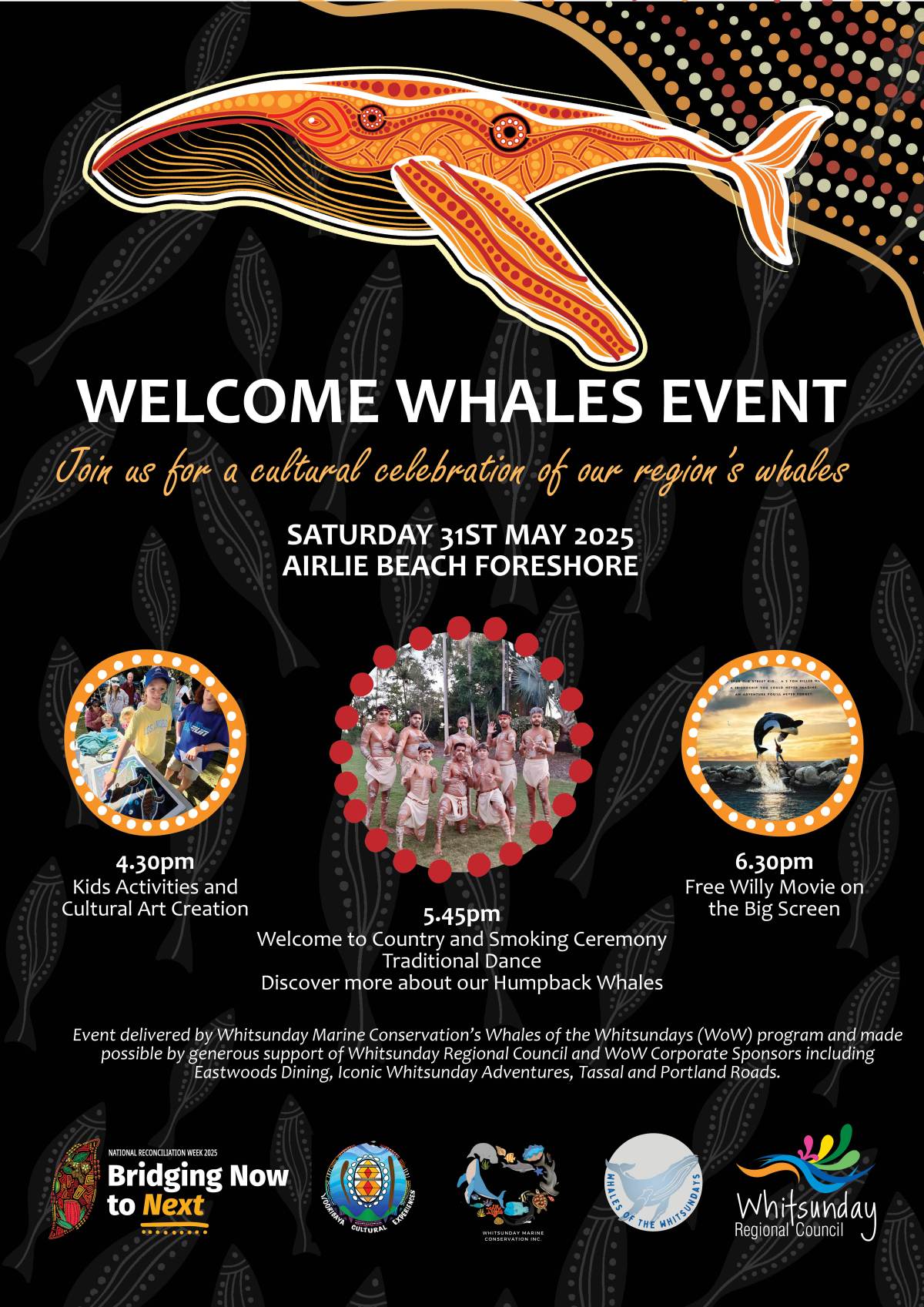 Welcome Whales Event with cultural activities, dance, and a movie