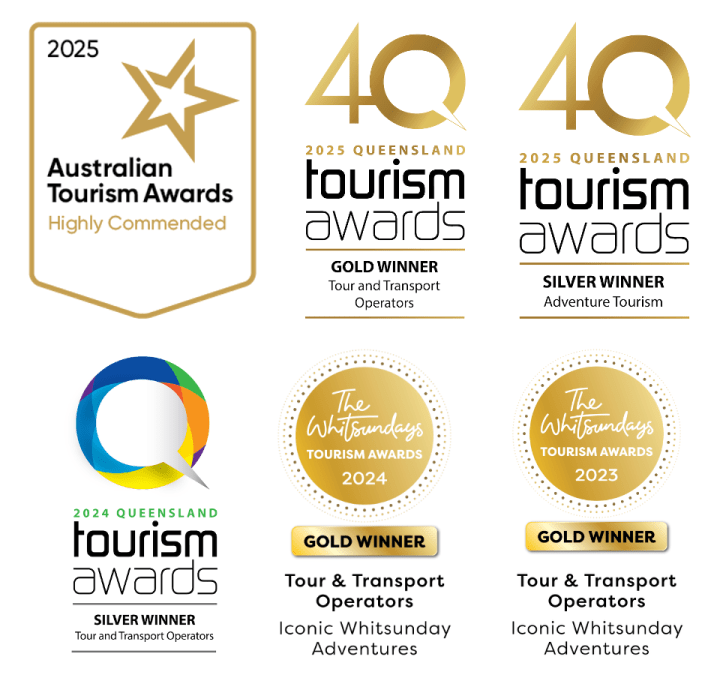 Australian and Queensland Tourism Awards from 2023 to 2026 for award-winning business Iconic Whitsunday Adventures, highlighting gold and silver wins.